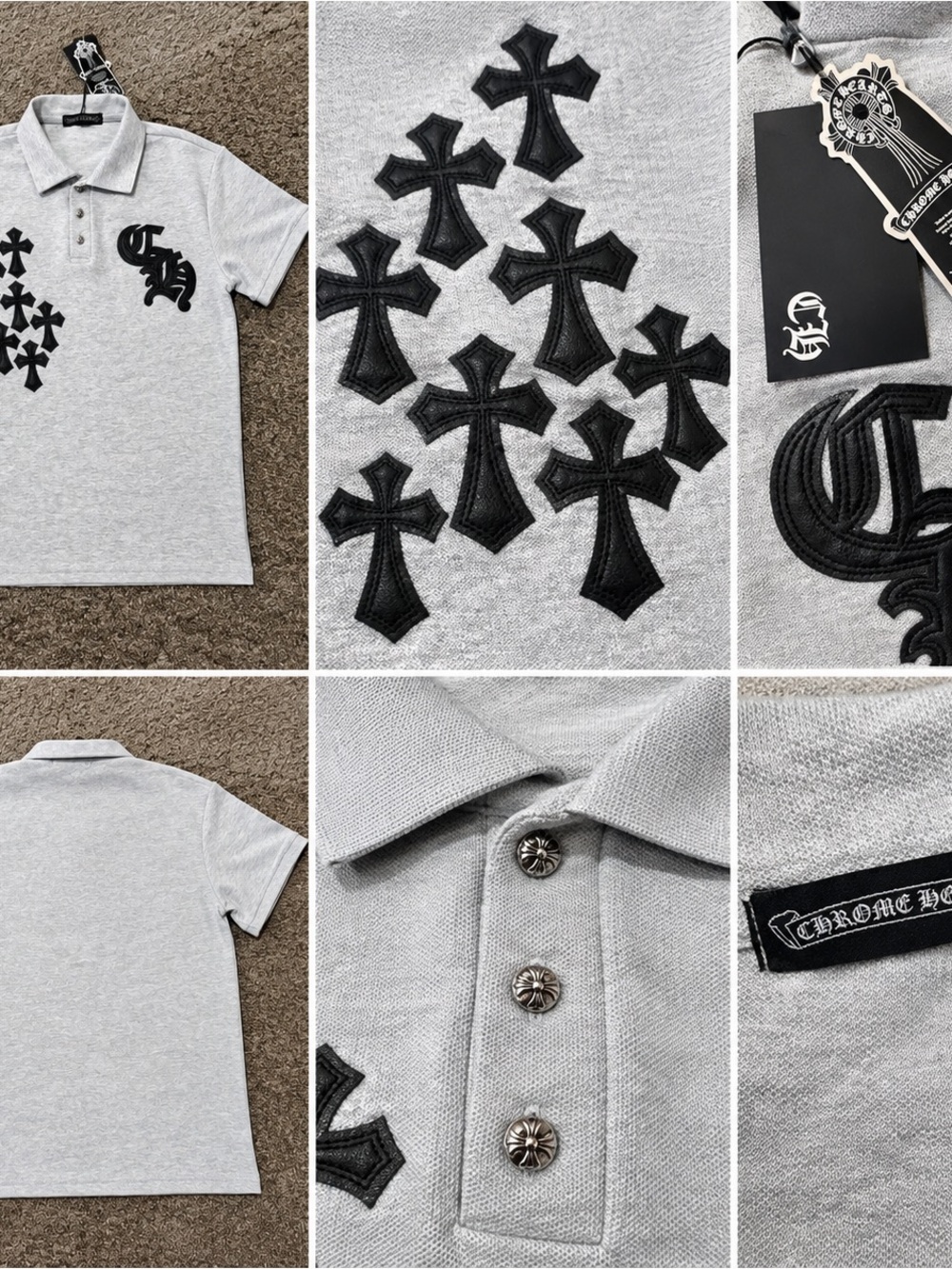 Chrome Hearts Kids Light Gray Polo with Black Cross Patches